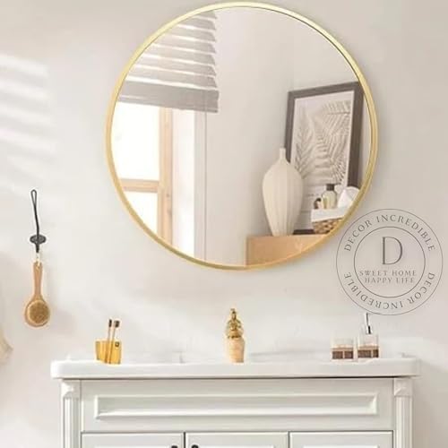 Image of Round Sunburst Wall Mirror Gold Metal Frame for Decoration Decorative Design Stylish Large Item Abstract for Living Room Bedroom Dining Bathroom Office Cafes House Hall 12in
