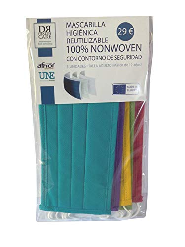 Mascarilla Higiénica Reutilizable 59 Lavados  UNE-0065:2020, 3 Capas Tejido 100% NONWOVEN  Made In Europe (5 Unidades  Talla Adulto  4 Colores)