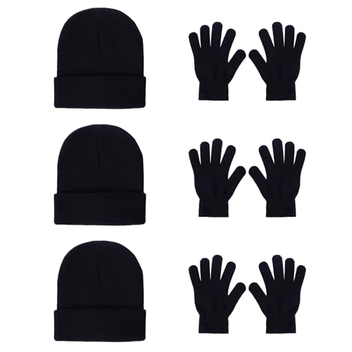 Image of 6 Pack Winter Hats and Gloves Beanies Hat and Glove Set Warm Beanies Hat Elasticity Full Finger Glove for Cold Weath