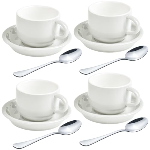 homEdge Premium Espressotassen und Untertassen Set mit Espressolöffeln, 75 ml, Weiß, 4 Stück