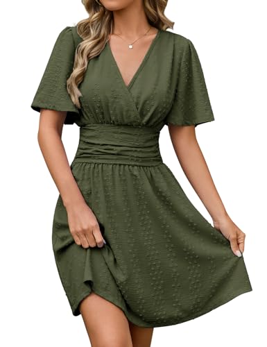 CMTOP Sommerkleid Damen Kleid Elegant V-Ausschnitt Kurzarm Kleider Sommer A-Linie Flowy Freizeitkleider Elastischer Bund Wickelkleid Knielang Casual Strandkleid Minikleid (Armeegrün, M)