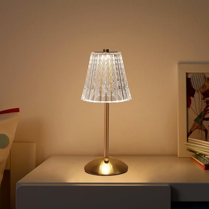 Crystal Table Lamp with Touch Control, 3 Brightness Levels, USB Rechargeable, Gold Metal Base