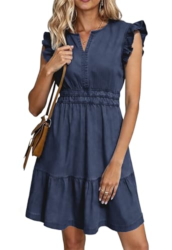 Jayscreate Women's Ruffle Sleeve Denim Mini Dress Pockets Elastic Waist