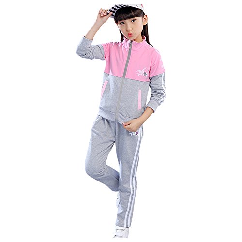 LCIGIA Kinder Trainingsanzug Mädchen Jogginganzug 2tlg Sportanzug Langarm Sweatjacke mit Kapuze + Sweathose Outfit-Set Bekleidungssets, Rosa, 152-158 Cover