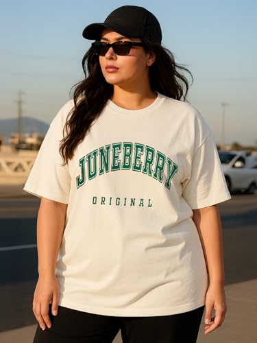 Image of JUNEBERRY 100% Pure Cotton Oversized Baggy Fit Cool Front Chest Graphic Printed Half Sleeve Plus Size T-Shirt for Women & Girls (Sizes: 2XL to 5XL)