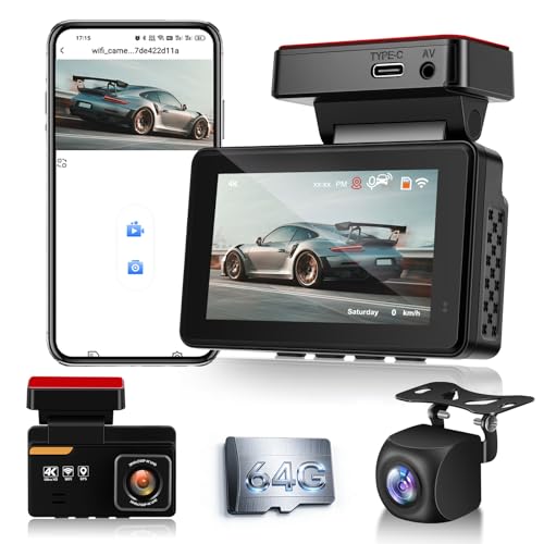 NHOPEEW 4K Dual Dash Camera for Cars with WiFi & APP Control - 3Inch Screen Dash Cam Front and Rear - 150° Wide Angle/GPS/G-Sensor/Loop Recording/Night Vision/ADAS/Split Screen + 64GB Card