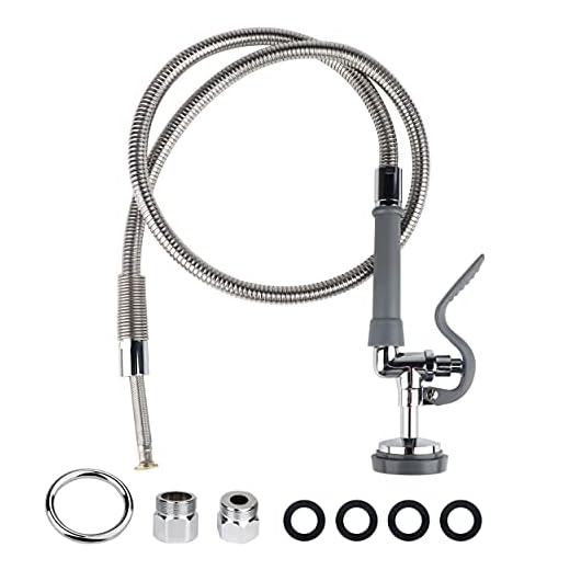 TCEUMIK Pre Rinse Hose with Spray Valve 45" Flexible Stainless Hose with Grey Sprayer Nozzle Head Replacement Kit for Commercial Kitchen Sink Faucets 2 Brass Adapters to Connect Swivel Spout