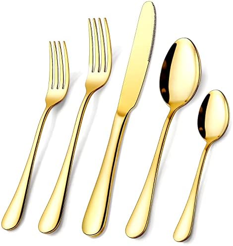 Gold Silverware Set, OGORI 40-Piece Food Grade Stainless Steel Gold Flatware Set, Kitchen Utensil Set Service for 8, Mirror Polished Tableware Cutlery Set for Home and Restaurant, Dishwasher Safe