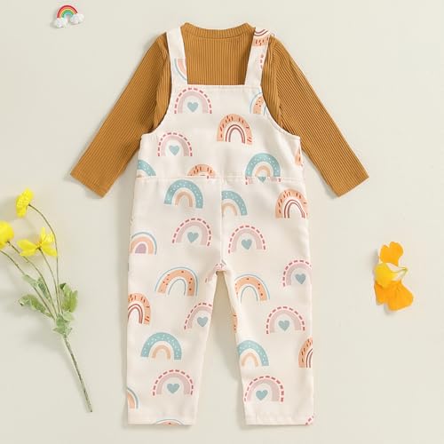 Toddler Girl Fall Outfits Bib Overalls Jumpsuit Set Long Sleeve Ribbed Top Rainbow Suspenders Pants 2-Piece Clothing3