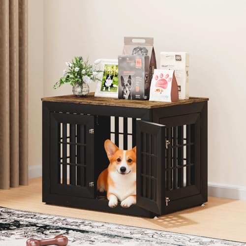 32'' Heavy Duty Dog Crate Furniture for Small,Medium and Large Dogs,Rustic Wooden Dog Cage Kennel Indoor Furniture with Waterproof Top,Decorative Pet House Side End Table (Black &brown)