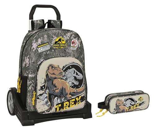FCP Trolley con mochila desmontable compatible con Jurassic World Warning + Estuche con 2 cremalleras + llavero Deluxe Jurassic World, multicolor, M