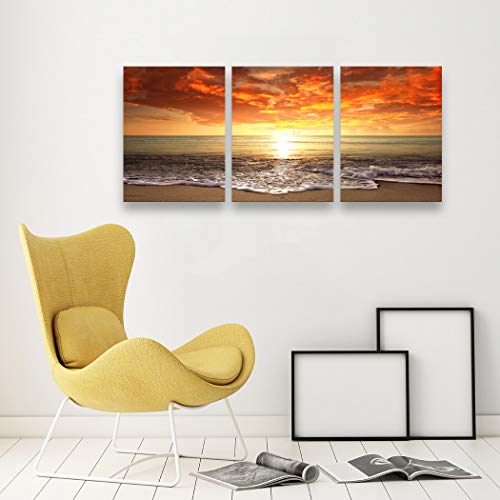 S0168 3 Pieces Canvas Prints Wall Art Sunset Ocean Beach Pictures Photo Paintings Forliving Room Bedroom Home Decorations Stretched And Framed Seascape Waves Landscape Giclee Artwork 24X32Inch X3Pcs #TOP2