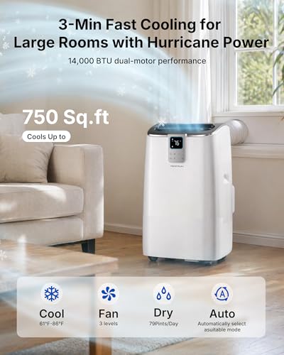 Image of 14,000 BTU Smart Portable Air Conditioner for Large Rooms up to 750 Sq.ft, 41dB Quiet Efficient AC Unit with App & Voice Control, 4-in-1 Cooling, Dehumidifier, Fan, No-Drain Self-Evaporating