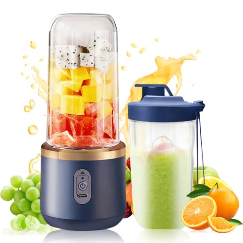 KUWUNG Mixeur portable, 400 ml, avec gobelet de rechange, rechargeable par USB, petit blender à emporter avec 6 lames, mini blender pour milkshakes, jus,...
