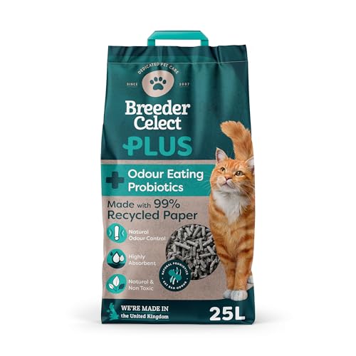 Breeder Celect Plus All-Natural Cat Litter with Odour-Eating Probiotics (25L) 99% Recycled Paper Highly Absorbent Litter/Bedding Soft & Safe for Kittens Non-Clumping Biodegradable & Compostable