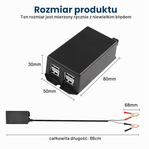 MEIRIYFA Konwerter DC z akumulatorem krokodylkowym adapter ładowania USB, motocykl DC 12 V 24 V do 5 V 3 A 4-portowy USB wieloportowy power buck, szybka ładowarka do telefonów, tabletów, urządzeń
