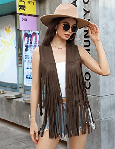 KOJOOIN Women's Fringe Vest 70s Hippie Faux Suede Rivets Sleeveless Fringe Jacket Dark brown S3