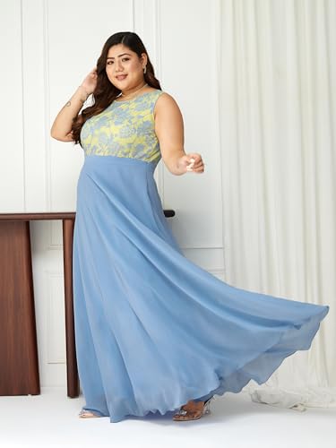 Image of Miss Chase A+ Women's Round Neck Sleeveless Georgette Floral Lace Fit & Flare Maxi Dress