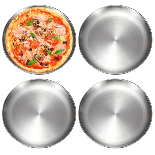 Juego de 4 bandejas redondas para pizza de 30 cm, de acero inoxidable, fácil de limpiar, aptas para lavavajillas, ideal para horno, hornear, servir y asar