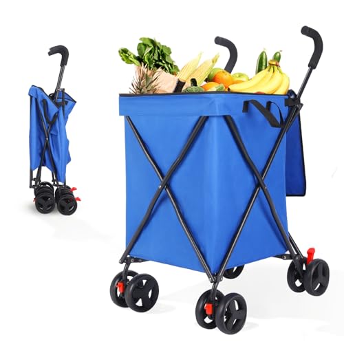 Faltbarer Einkaufstrolley mit 4-Rädern, Trolley Einkaufswagen klappbar & modern groß 56L, 54,4 kg Kapazität, minimalistisch für Haustiere, Outdoor, Camping, Einkaufen, Sport, Garten-Blau