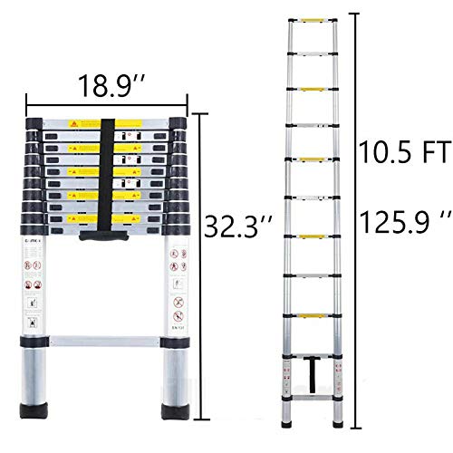 Telescoping Ladder 3.2M 10ft Aluminum Telescopic Extension Multi Purpose Ladder (330 pound/150 kg ,EN131) for Clean Decorate Party Replace The Bulb