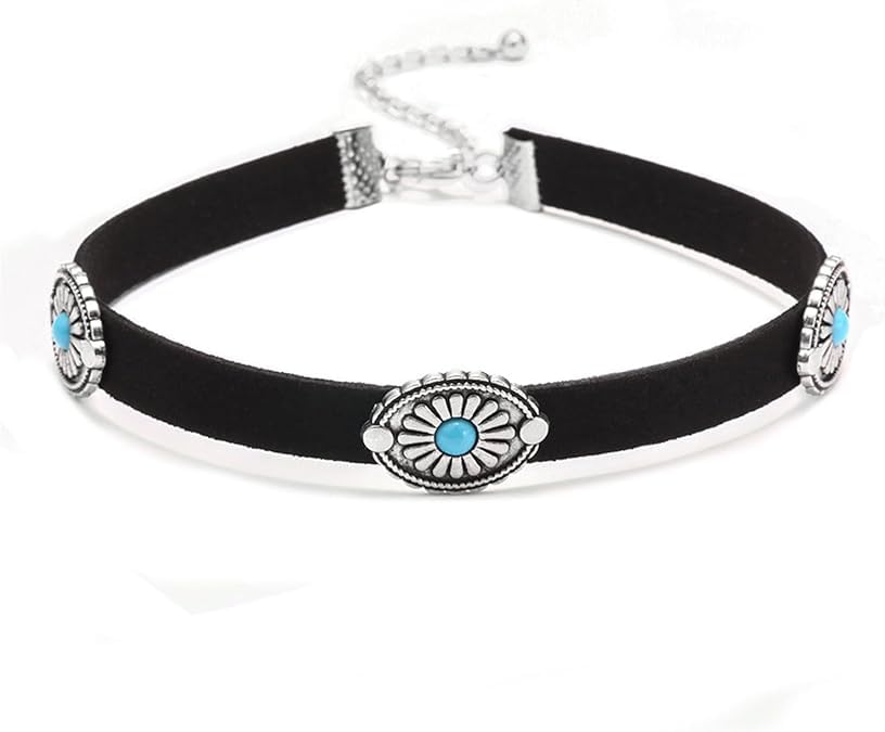 Western Choker Necklace for Women, Turquoise Choker Necklace, Black Leather Choker Boho Jewelry Adjustable Suede Necklace Bohemian Turquoise Floral Pendant Choker Necklace
