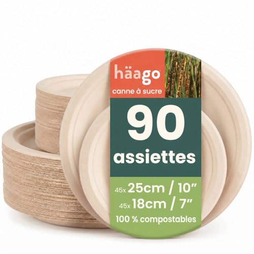 HAAGO Lot de 90 Assiettes Jetables en Canne à Sucre (Bagasse) – Assiettes Dîner 25 cm / 10