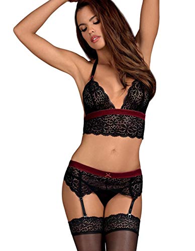 Obsessive. Schwarzes Dessous Reizwäsche Strapsgürtel Set und Neckholder BH mit Spitze und Strumpfhaltern aus Netz, String und offen transparent erotisch Größe: S/M Cover
