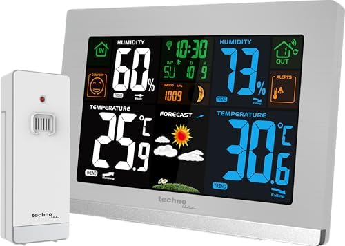 techno line WS 6462 Funkwetterstation mit Außensensor | Silber | Farbdisplay | DCF-Funkuhr | Wettervorhersage | Innen- & Außentemperatur | Luftfeuchtigkeit | Luftdruck | Mondphase