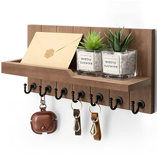 Rebee Vision Key Holder For Wall - Farmhouse Rustic Mail Organizer Floating Shelf For Home Kitchen Entryway Decor With 7 Sturdy Key Hooks (Retro Brown) #TOP5