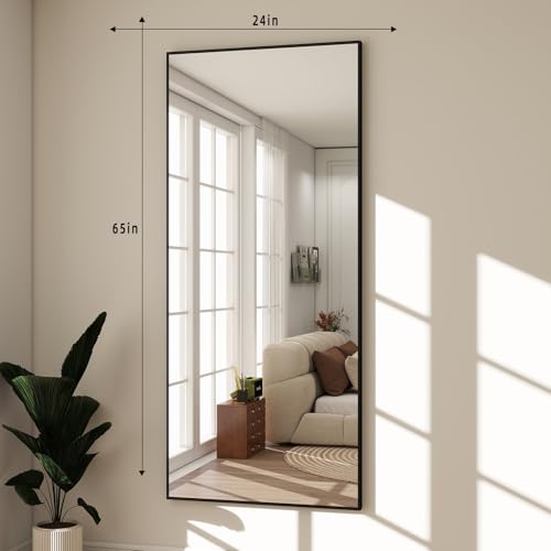 Image of BEAUTYPEAK Full Length Mirror with Stand, 65 inchx24 inch Floor Mirror with Aluminum Alloy Thin Frame, ShatterVue Tempered Full Body Mirrors, Free Standing or Wall-Mounted Mirrors for Living Room, Black