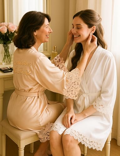 EPLAZA 2 Pcs Bride Robe for Mother of the Bride Groom with Lace Trim Satin Robe for Wedding Day Getting Ready Bridal Shower3