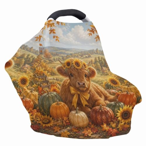 Image of Wanyint Car Seat Covers Baby Car Canopy Shopping Cart Scarf Lightweight Stroller Cover Women Mother Nursing Breastfeeding Covers Fall Decoration, Highland Cow Pumpkin Fall