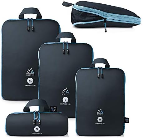 MNT10 Torby z kompresją S, M, L, XL I Niebieskie I Kostki pakunkowe z pętlą jako organizer walizki I lekkie worki kompresyjne do plecaka (1x zestaw 4 sztuk)