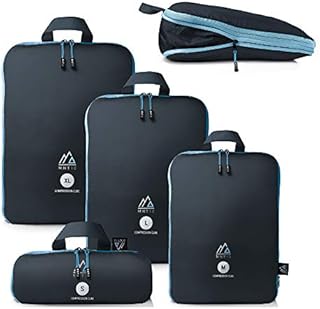 MNT10 Torby z kompresją S, M, L, XL I Niebieskie I Kostki pakunkowe z pętlą jako organizer walizki I lekkie worki kompresyjne do plecaka (1x zestaw 4 sztuk)