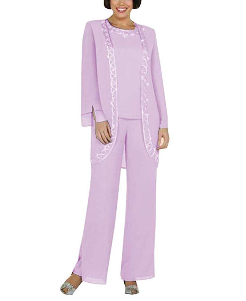 Leader of the Beauty Women's Chiffon 3 Pcs Pant Suits Plus Size Mother of The Bride Dress Formal Suit with Long Sleeves Jacket 20 Lavender