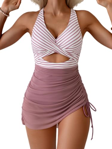Image of B2prity Women Mesh One Piece Swimdress Swimsuit Tummy Control V Neck Cutout Bathing Suit Wrap Drawstring Sarong Swimwear
