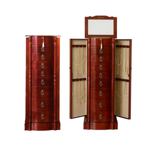 Hives and Honey Robyn Traditional Standing Jewelry Armoire Cabinet, Antique Locking Storage Organizer with Mirror, 8 Drawers, Necklace Hooks, Anti-Tarnish Lining, Cherry