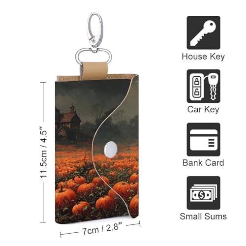 Halloween Pumpkins Field Spooky Houses Key Holder Bag PU Leather ID Card Holder Keychains Case Cover for Men Women2