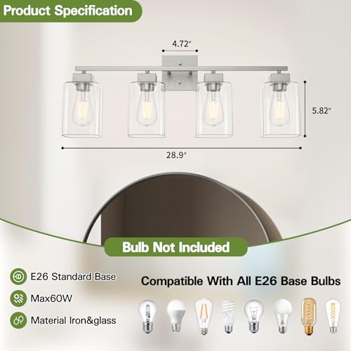 Image of 4 Light Bathroom Vanity Light - Brush Nickel Matte Vanity Lights Square Design & UL Certification & Square 26 inch Silver Bathroom Lights Fixture Over Mirror, Brush Nickel Light for Bedroom