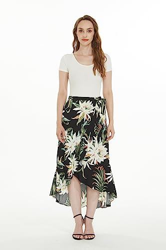 Women's Hawaiian Luau Wrap Ruffle Skirt in Wispy Cereus Black3
