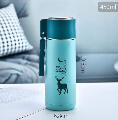 Image of Kid 450ml Water Bottle School Bottle, Cold Insulation, Leak proof & Break-proof, Kids Bottle, Easy to Carry Deer Print Water Bottle for Picnic, Office, Water Bottles with Steel Cap (White)