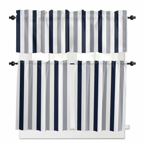Navy Blue Gray Striped Kitchen Curtains 36 Inch Length, 3 Piece Rod Pocket Small Half Tiers and Valance Set, Farmhouse Stripe Art Small Large Window Treatment Decor for Bedroom/Bathroom Sink