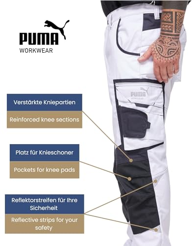 PUMA Workwear Precision X - Arbeitshose Herren - Premium Arbeitskleidung mit vielen Taschen und verstärkten Kniepartien - Funktionshose mit Stretch für Handwerk und Baugewerbe - Weiß/Anthrazit - 50