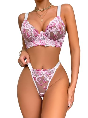 Mingnos Sexy Blumen Bestickt Dessous Set Damen BH und Slip mit Bügel 2Teilig Netz Unterwäsche Frauen Sexy Set Rosa, S
