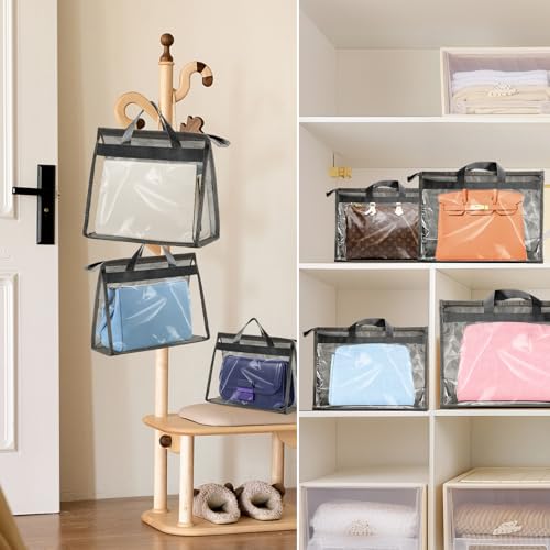 Image of 9 Pieces Storage Organizer for Handbags,3 Sizes Dust Bags for Handbag Storage,Clear Handbag Storage Bag with Zipper and Handles,Dustproof & Moistureproof (Gray)