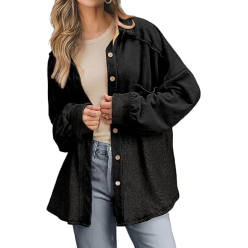 Womens Lightweight Jackets Waffle Knit Shirt Jacket Fall Fashion Button Down Shirt Jacket Loose Fit Long Sleeve Tops