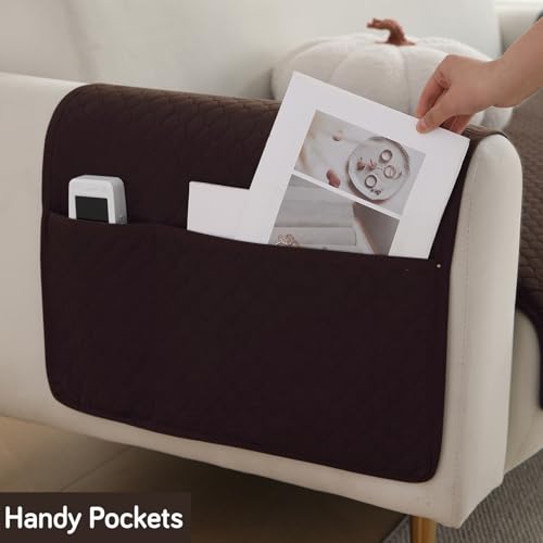 Image of HOKIPO Quilted Sofa Arm Cover with Pockets, Dark Brown, Pack of 2 (1 Pair) (IN-787-L-DBR*2)