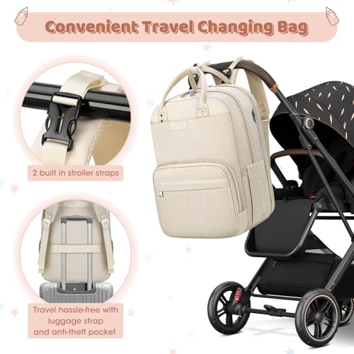 RAINSMORE Mochila Bebe Mochila Carro Bebe Pañaleras para Bebes Multifuncional Mochila Maternidad con Cambiador Bebe Plegable y Correas de Cochecito Beige - imagen 6