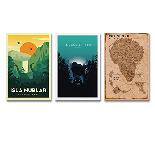HUHUDA Juego de 3 pósteres de mapa del mundo Jurassic Park Moive Isla Nublar en lienzo para...